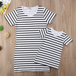 Mother and Daughter Matching Dresses White and Black Striped Casual Family Outfits Clothes