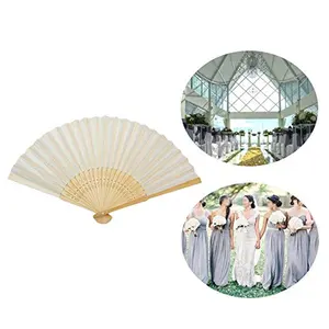 Abanico de mano de tela de bambú con caja de regalo para invitados, recuerdo de boda, recuerdo de boda, plegable, color blanco marfil