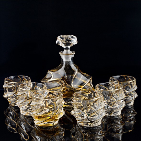 5 Piece Lead-Free Crystal Gold Rim Whiskey Decanter Set in Leather Gift Box with 4 Glasses