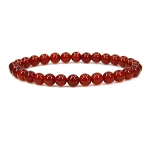 Gelang Manik-manik Batu Permata 6Mm Uniseks, Gelang Regang Manik-manik Batu Akik Merah 6Mm Buatan Tangan Alami 7"