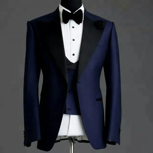 HD114 abiti da uomo da sposa blu Navy per smoking da sposo giacca a tre pezzi con risvolto a punta nera giacca gilet giacca stile formale