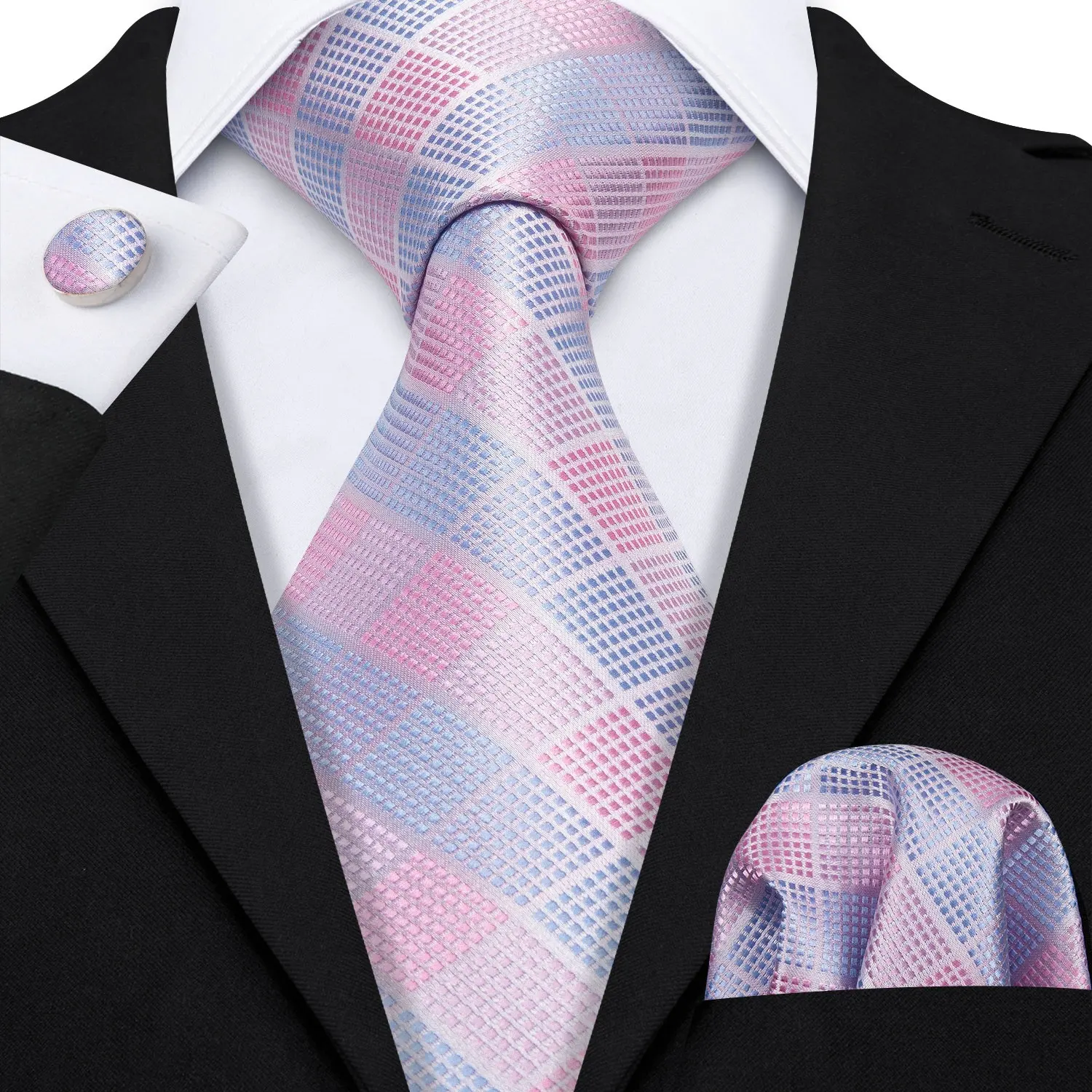 LELE Wholesale Custom Jacquard Blue Pink Wedding Check Silk Ties Necktie Set for Men