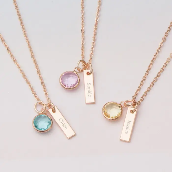 Personalized name engraved necklace 18k gold plated sterling silver birthstone charm blank t bar necklace