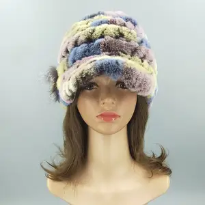 Multi-colored rex rabbit fur woven stretch cap women's winter hat