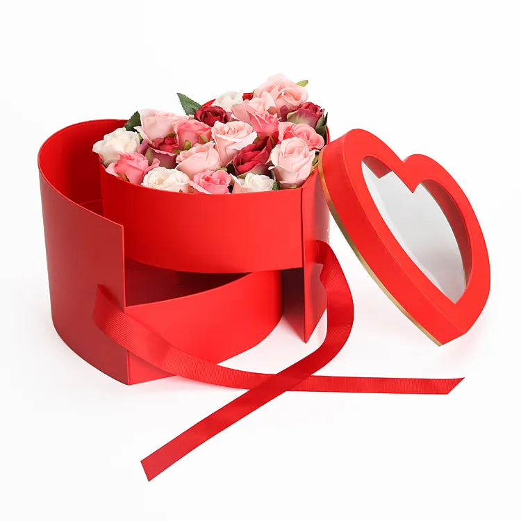 Caja de embalaje de flores giratoria de doble capa con forma de corazón para el Día de San Valentín