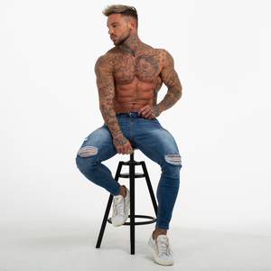Celana Ketat Pria, <span class=keywords><strong>Jeans</strong></span> Kurus Sobek Biru Tua Zm54