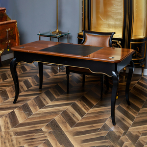 Escritorio de libros de color de tres cajones con tablero de madera de abedul con incrustaciones para estudio y dormitorio u oficina con cuero marrón y negro - Product Image 5