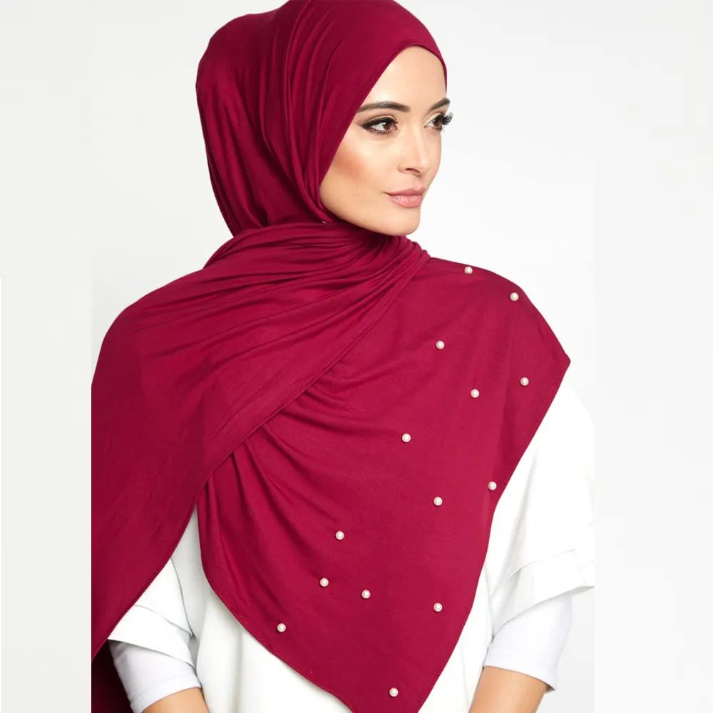 Hoge-Kwaliteit Jersey Sjaal Stretchy Hijab Vlakte Met Parels Hoofddoeken Groothandel Vrouwen Stola Hijab Kralen Hijab Vlakte