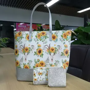 Sunflower Tas Tangan 3 Dalam 1 Set, Tiga Buah Set Tas Tote dengan Dompet dan Pemegang Kartu Yang Serasi DOM1071278