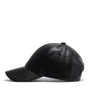 Wholesale 6 panel plain blank men's black fitted custom leather baseball hat