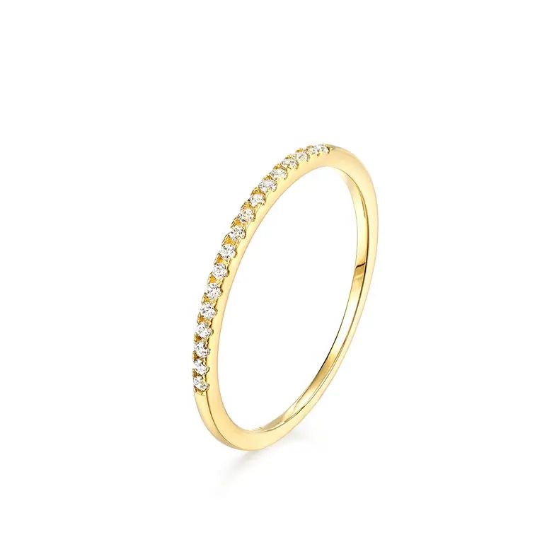 Stackable real 14K solid gold CZ pave diamond half eternity thin band ring