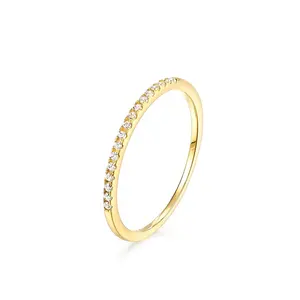 Classic Cubic Zirconia Ring Women Stackable Real 14K Solid Gold CZ Pave Diamond Half Eternity Thin Band Ring