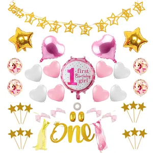 1st Doğum Günü Bebek Kız dekorasyon kiti Bir Ilk Mutlu Doğum Günü Tema Pembe Parti Malzemeleri dekorasyon balonu Afiş