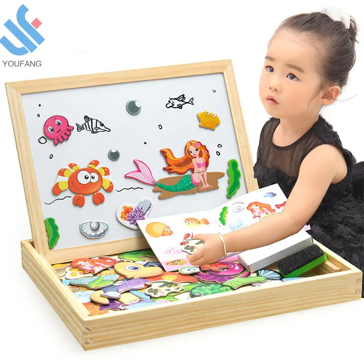 Planche à dessin magnétique pliable en bois pour enfants, puzzle éducatif pour bébés, dessin animé, double face, nouveau design, YF-X3010-14