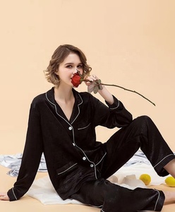 Wholesale Long Sleeve Pajamas Set <strong>Silk</strong> Sateen <strong>Black</strong> Piping PJ Set Custom Logo Accept Satin <strong>Pyjama</strong> Set - Product Image 2