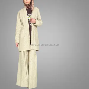 Setelan Baju Wanita Linen Panjang Katun Krem Punjabi Desain Satu Set Baju Wanita Islami Jaket dan Celana Kaki Lebar