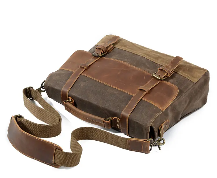 Bolsa masculina de couro de lona, bolsa transversal de ombro, armazenamento grande para laptop e notebook