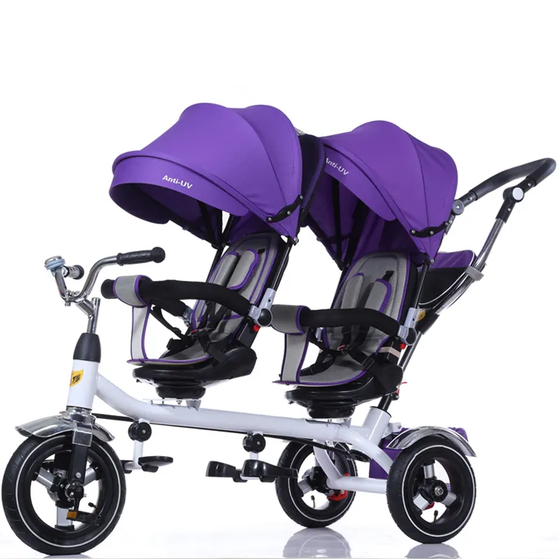 Venda por atacado alta qualidade triciclo do bebê para gêmeos dobro assento carrinho de bebê