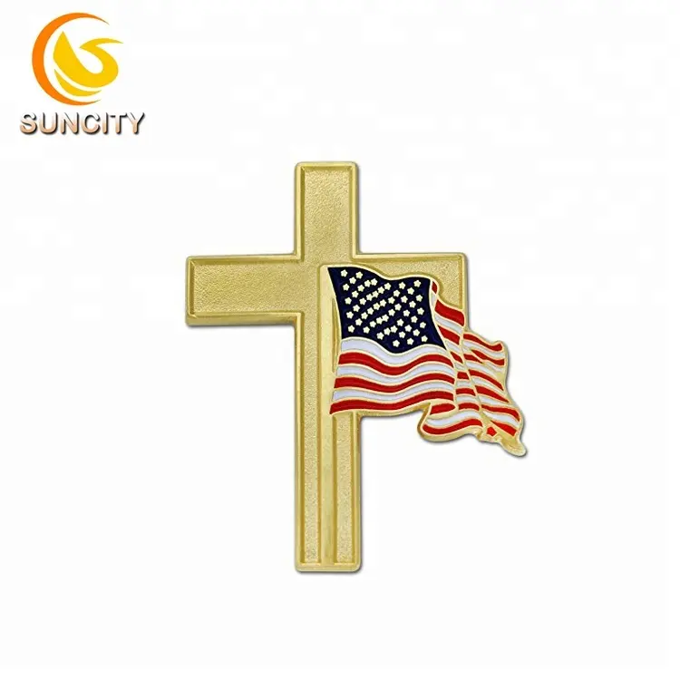 2018 cina produttore personalizzato croce con la bandiera americana piatto di oro frizione della farfalla smalto morbido spilla