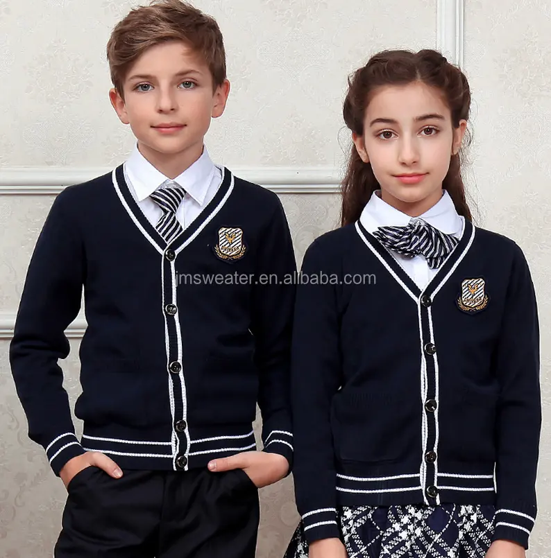 Özel yapmak uluslararası okul şerit trim hırka kazak asil mizaç son tasarım okul üniforması kazak tasarımı