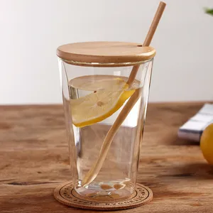 Haonai Tasse en verre à double paroi personnalisée de haute qualité Tasse en verre borosilicaté Tumbler avec couvercle en bambou, cuillère et rembourrage en liège