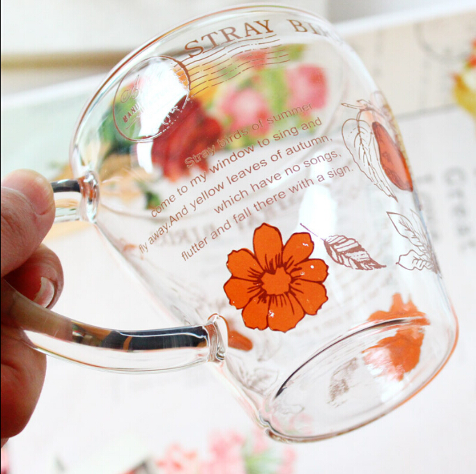 350ML Custom made glass coffee mug with printing by decal