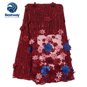 Bestway di alta qualità 5 Yard <span class=keywords><strong>africano</strong></span> 3D fiore abito da sposa perline di pizzo <span class=keywords><strong>africano</strong></span> ricamo per la festa nigeriana con paillettes FL0392 - Product Image 3