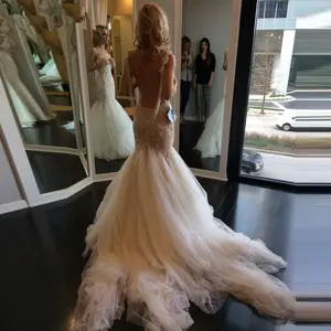 Ne083 vestido de casamento com decote em v, sexy, alça espaguete, frente única, sereia, moda noiva, pérolas, corte em tule, vestido de noiva personalizado