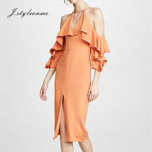 2018 nouvelles dames dos nu bretelles à volants V-cou fendue <span class=keywords><strong>mi</strong></span>-longueur <span class=keywords><strong>orange</strong></span> <span class=keywords><strong>robe</strong></span> - Product Image 1