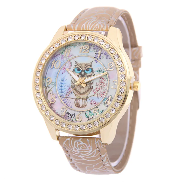 Luxus Armbanduhr Damen Eule Muster Leder Armband Uhren Gold Strass Beiläufige Uhr (KKWT82030)