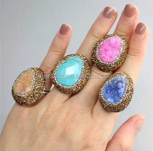 LS-D6594 Sparkly Incredibile drusy druzy anello regolabile, mescolare diversi anelli della pietra preziosa con pavé di diamante, gioielli fatti a mano