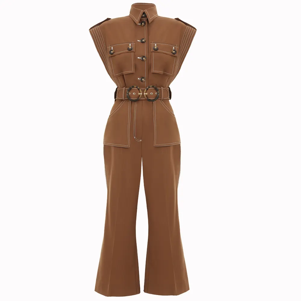 Jumpsut Denim Coklat Wanita Lengan Pendek Romper Saku Desain Flare Celana Kasual Jumpsuits