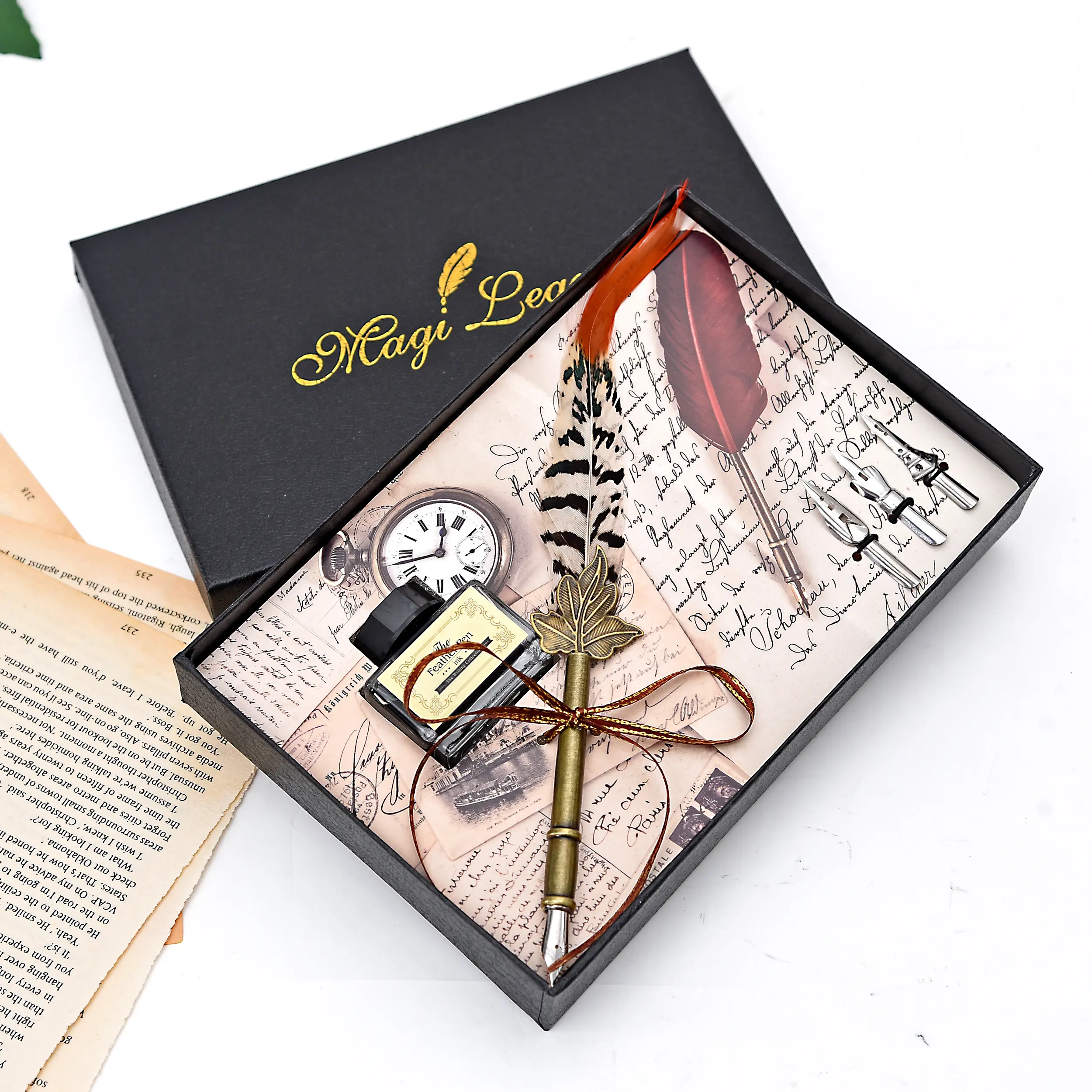 Ready to ship hot sale of retro natural feather pen gift box set dip pen birthday gift Copper rod stainless steel nib