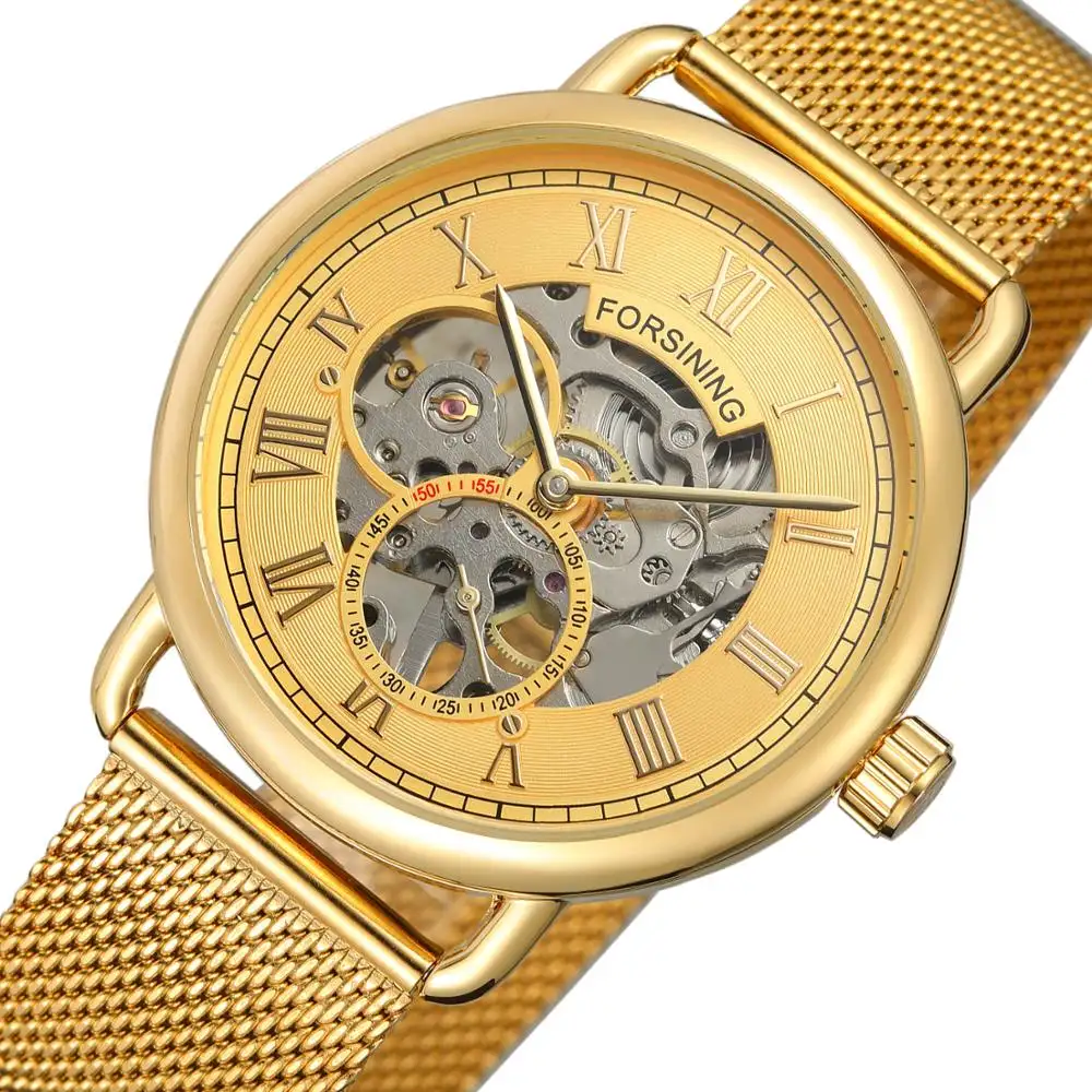 2019 Nieuwe Design Horloge Pols Geen Batterij China Fabriek Groothandel Romeinse Nummer Forsining Skeleton Hand Wind Mechanische Mannen Horloges