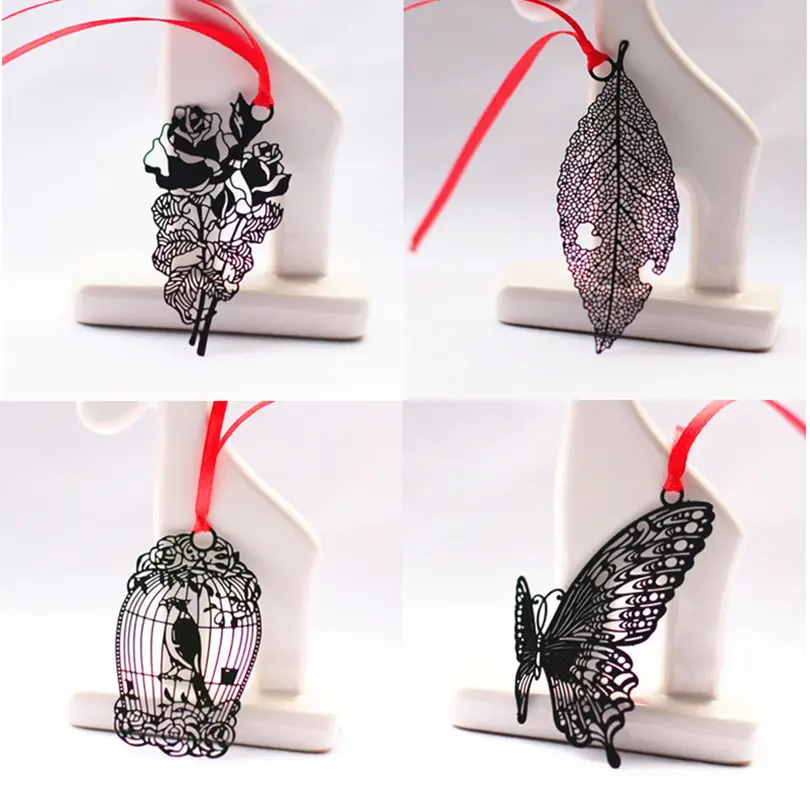 Exquisite stainless steel black bookmark leaf rose flower personalized craft metal bookmarks with factory price