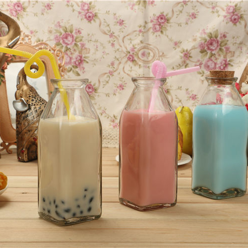350ml Soda lime material Square Juice Milk glass bottle with cork lid