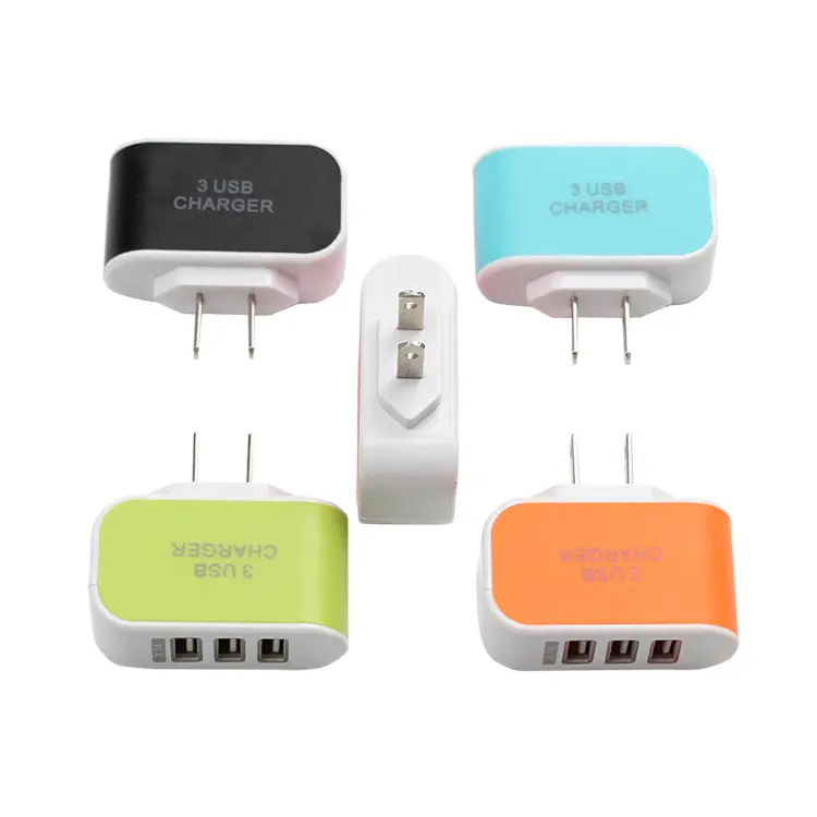 Carregador de celular colorido 3 USB 5V 2A com luz para celular Android IOS, carregador de parede padrão EUA UE, de boa qualidade