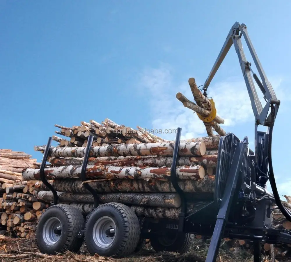 forest equipment tractor PTO hydraulic timber loading traile log trailer , wood trailer, log wagon with crane grapple