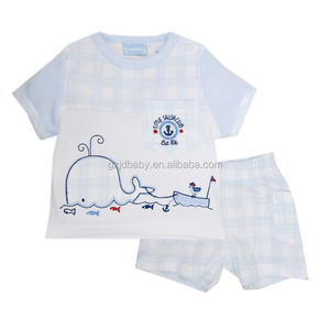 Luvena Fortuna 2 unids bebé NIÑOS 2 sola pieza 100% algodón color azul camiseta y Short Set H9598 bebé para mayor orden - Product Image 2