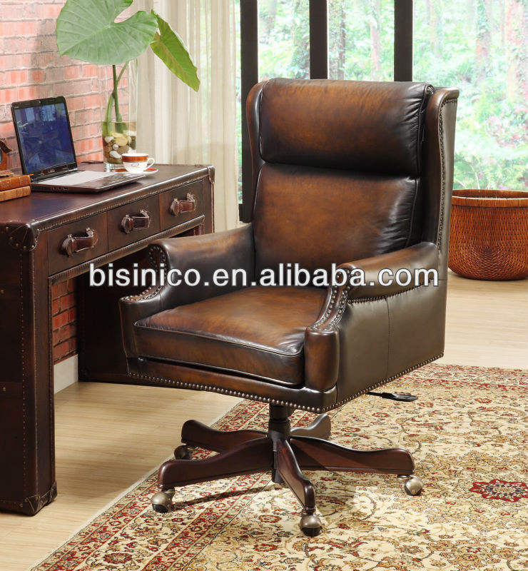 Leather Sofa Chair with Wheel,American Style Wood Furniture,leather Office  Chair,antique Classical Living Room Chair(BF01-20032)