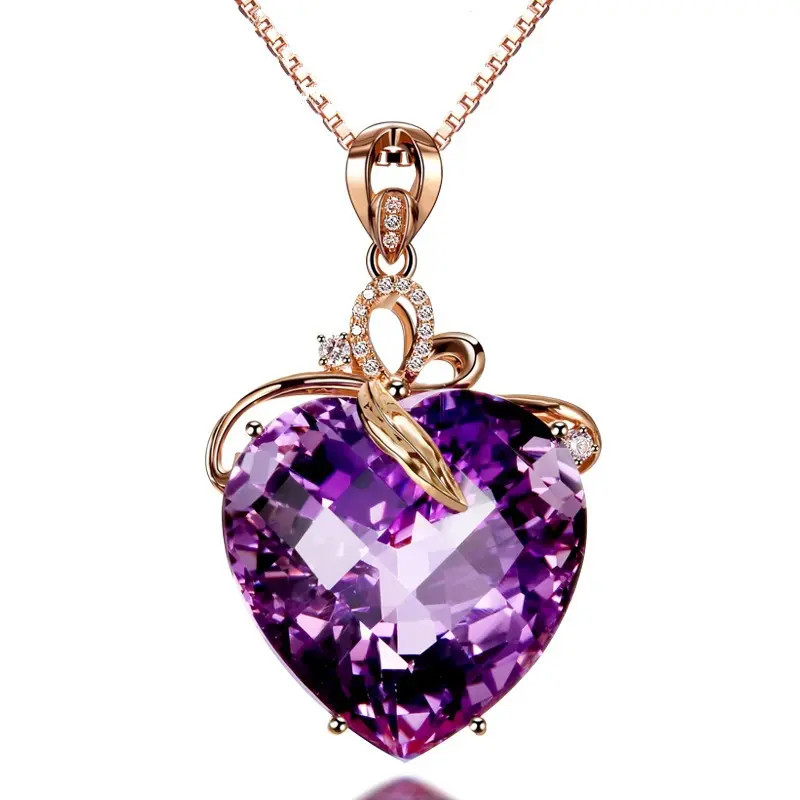 Purple Heart Crystal Big Stone Pendant Gold Chain Necklace for Women Fashion Jewelry Valentine's Day Gift