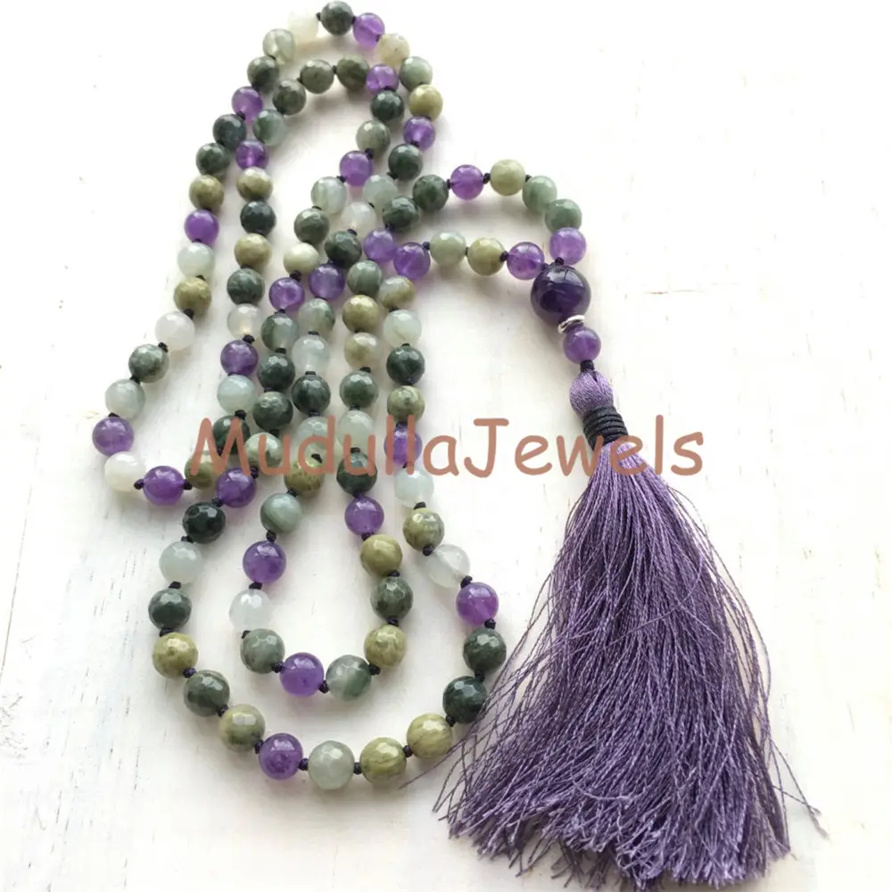MN21227 Cru Ametista Cristais Pedras de Cura 108 Mala Beads Mão Atada Tassel Colar Sobrenatural Oração Yoga Jóias Presente