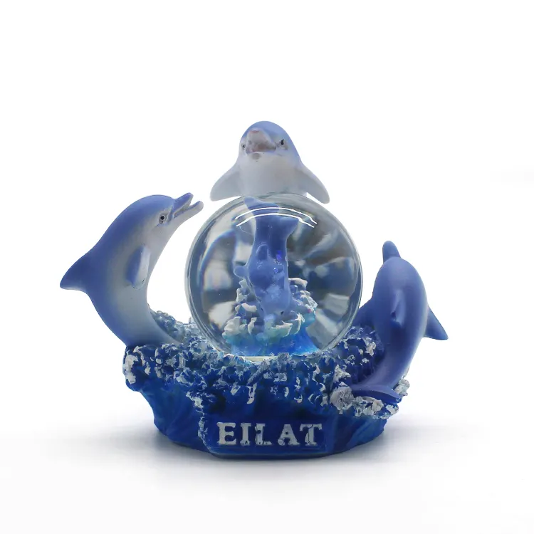 custom resin Blue souvenir gift dolphin statue snow globe resin Marine animal sculpture snow globe