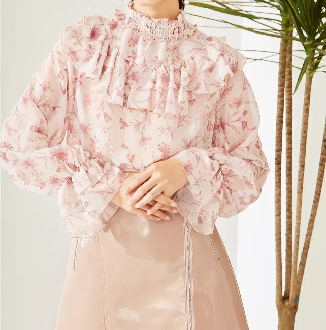 Wholesale factory fancy ladies pink pretty style floral chiffon blouses