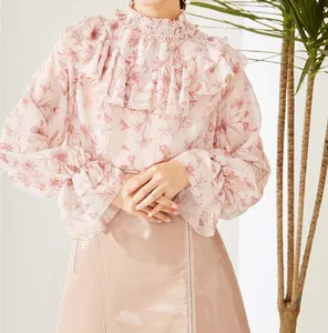 Wholesale factory fancy ladies pink pretty style floral chiffon blouses