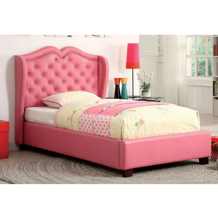 Rosa niños muebles de dormitorio de estilo de cuero de marco de la cama Y