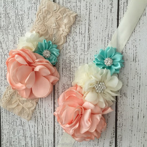 Nude menta que hace juego la venda del bebé vintage inspirado flor SASH queenbaby Headband Luxe SASH - Product Image 2