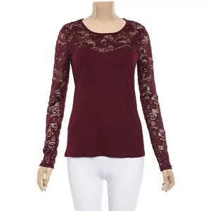 Autumn Winter Women Wine Red 긴 Sleeve 레이스 관 Blouse 및 탑