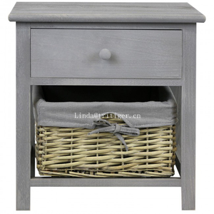 Armoire de <span class=keywords><strong>chevet</strong></span> en gris bois massif, meuble de nuit, <span class=keywords><strong>panier</strong></span> de rangement en <span class=keywords><strong>osier</strong></span> - Product Image 1