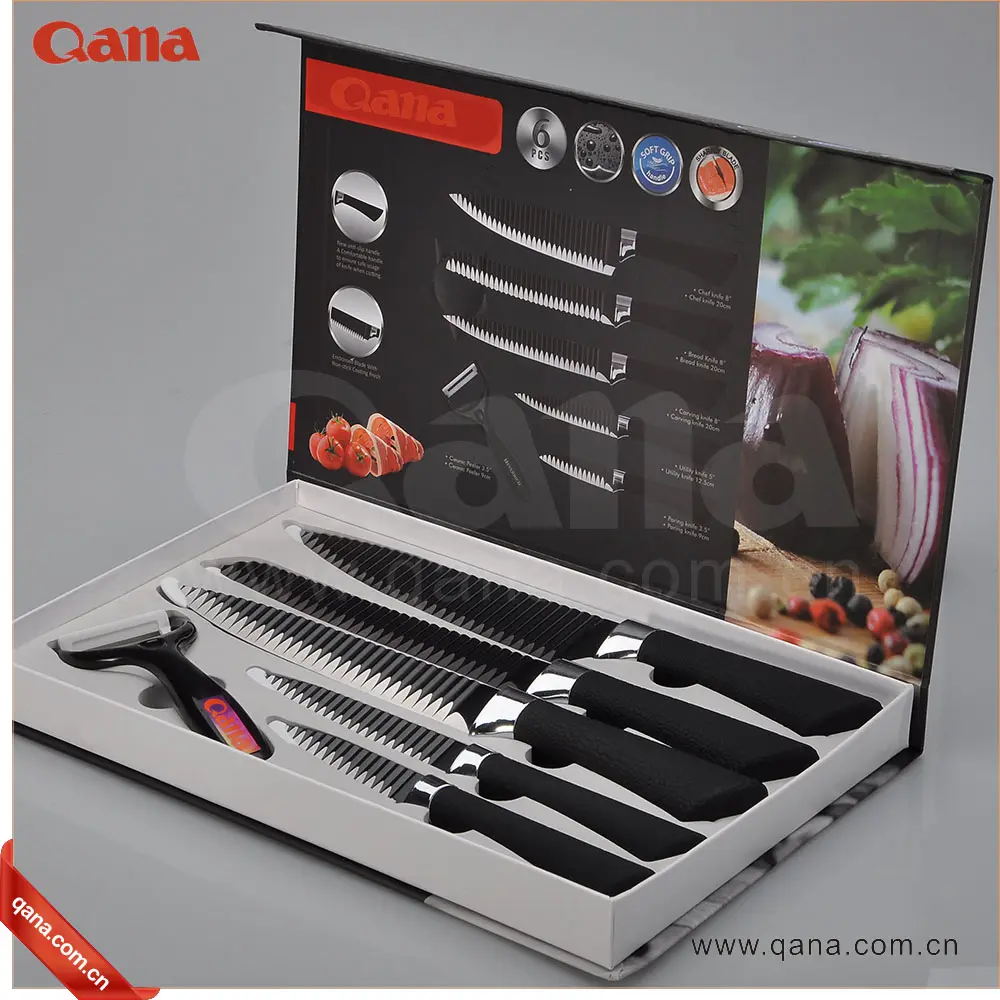 QANA Factory Wholesale OEM 7 pcs damascus stainless steel kitchen knife set with sharpen blade butcher boning fishing knife